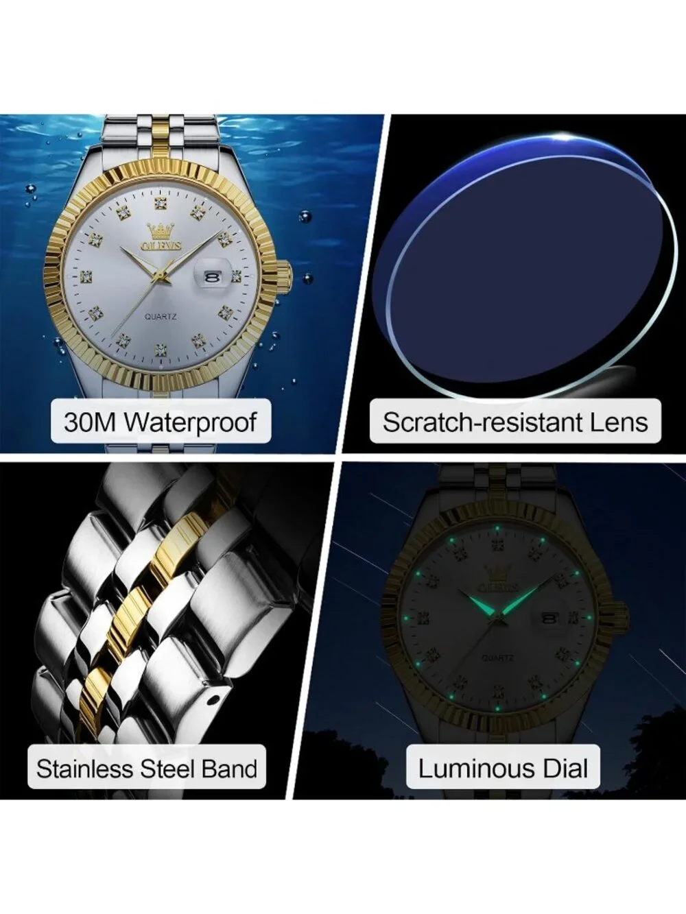 Olevs Mens Silver Gold Luxury White Dimond Dot Face Analog Quartz Luminous Watch
